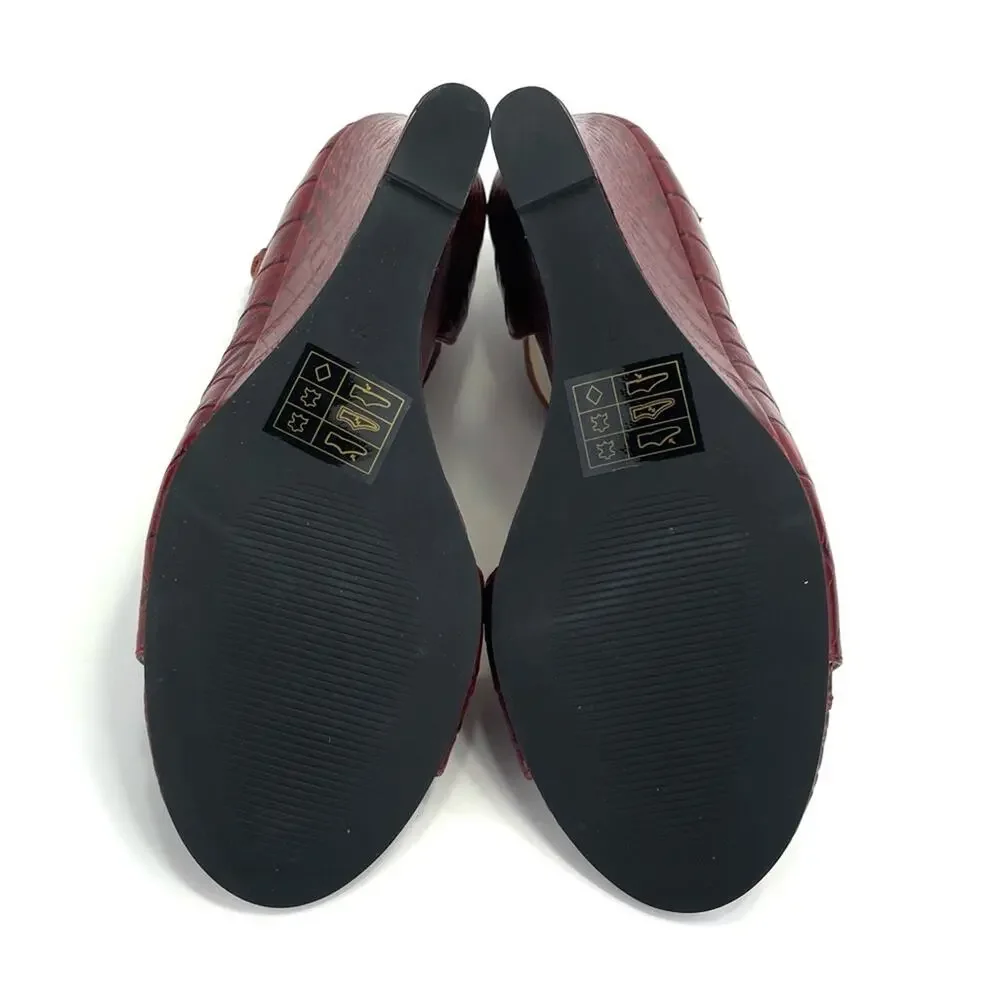 Farylrobin/Anthropologie D'Orsay Wedge Sandal Sz 7 Red Leather Embossed Open-Toe